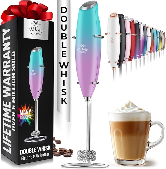 Zulay Kitchen Double Whisk Milk Frother ??Handheld Foam Maker for Coffee, Lattes, Matcha, Hot Chocolate & Cappuccinos ??Whip Creamy Froth in Seconds, Portable & Easy to Use