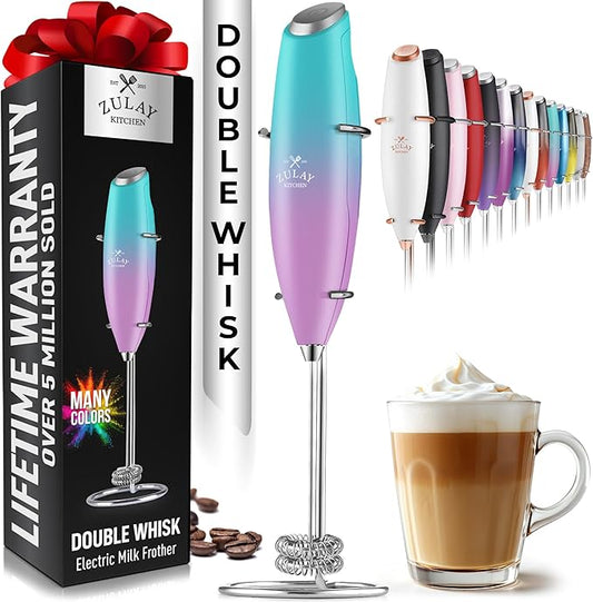 Zulay Kitchen Double Whisk Milk Frother ??Handheld Foam Maker for Coffee, Lattes, Matcha, Hot Chocolate & Cappuccinos ??Whip Creamy Froth in Seconds, Portable & Easy to Use