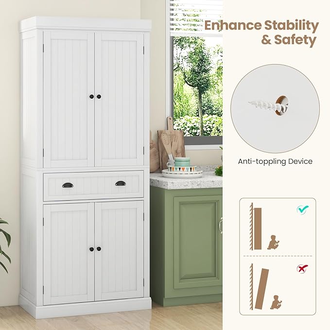 Tangkula 72" H Kitchen Pantry Cupboard Cabinet, Traditional Freestanding Large Tall Storage Cabinet with 2 Cabinets and Drawer, Adjustable Shelves, for Living Room Kitchen, 30 x 16 x 72 Inch