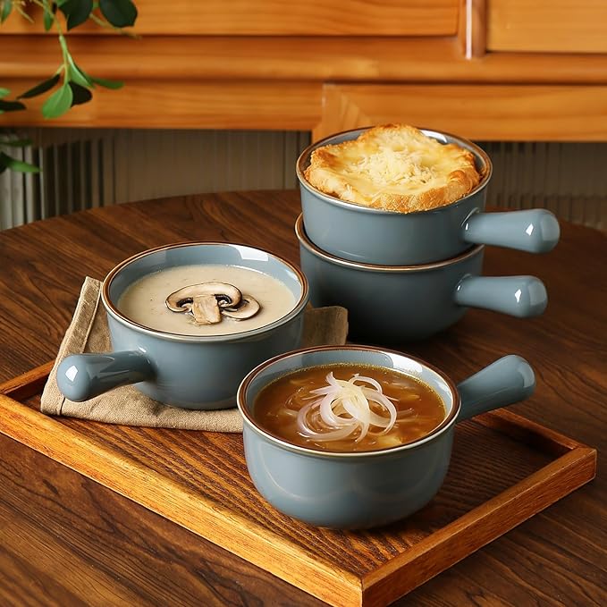 MONITO 28 Oz French Onion Soup Bowls, Ceramic Soup Bowls with Handles, Stackable Soup Crocks, Oven/Microwave/Dishwasher Safe, for Cereal, Soups, Casseroles