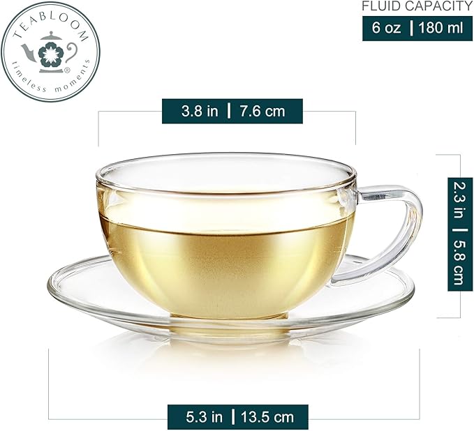 Teabloom Kyoto Teacup and Saucer Set 2-Pack ??Standard Teacup Size ??6 OZ/ 180 ML Capacity ??Crystal Clear Design ?볛?Premium Borosilicate Glass ??Heat Resistant, Microwave Safe