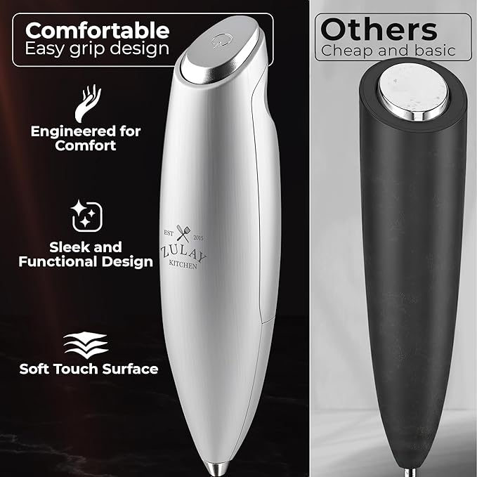Zulay Kitchen Patented Tornado Triple Whisk Milk Frother with 4 Duracell Batteries ??Handheld Foam Maker for Coffee, Lattes, Matcha & Hot Chocolate ??Rich, Creamy Froth in Seconds