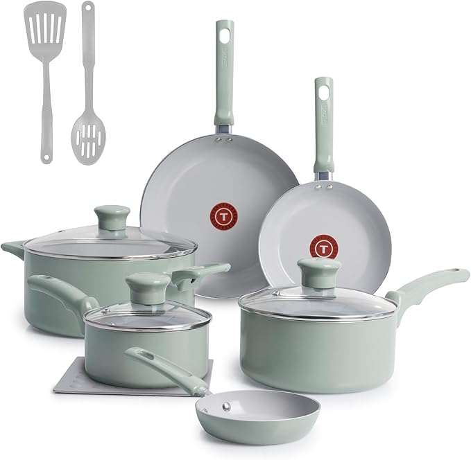 T-Fal Refresh Ceramic Nonstick Cookware Set, Oven Safe Up to 350쨘F, 12-Piece, Includes Stockpot, Griddle, Frying Pans, Utensils, Ceramic Pots and Pans Set, Mint Green