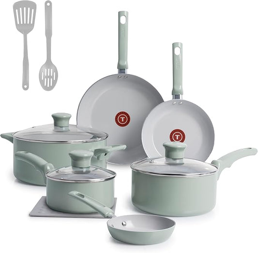 T-Fal Refresh Ceramic Nonstick Cookware Set, Oven Safe Up to 350쨘F, 12-Piece, Includes Stockpot, Griddle, Frying Pans, Utensils, Ceramic Pots and Pans Set, Mint Green