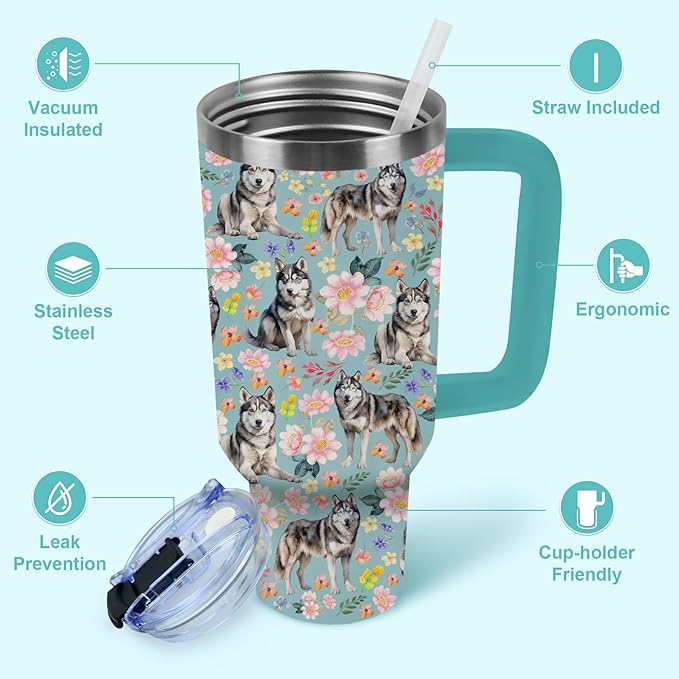 Yogusut Siberian Husky Gifts for Women, 40oz Stainless Steel Insulated Tumbler Travel Mug Cup with Handle Straw, Gifts for Dog Mom Dog Lover