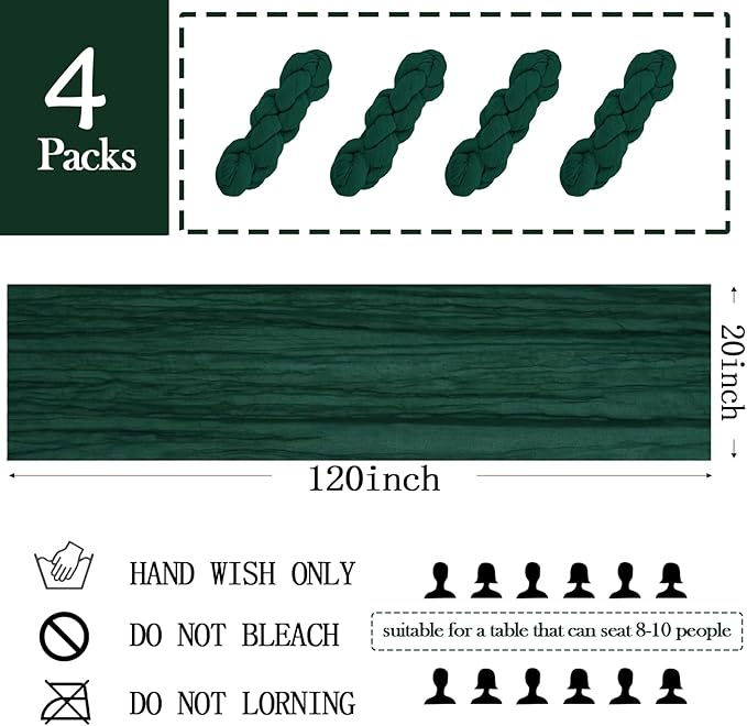 4 Pack Emerald Green Cheesecloth Table Runner 20 x 120 inch Gauze Table Runners 10 FT Long,Semi Sheer Boho Cheese Cloth Fabric Table Runner Bulk for Wedding,Party,Baby Shower,Bridal Shower Decoration