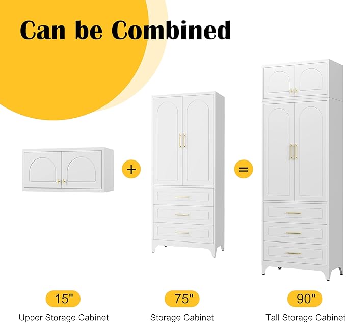 Kitchen Pantry Cabinet竊?0" Storage Cabinets with Doors and Shelves,Metal Pantry Cabinet with 3 Drawers,White Kitchen Cupboard for Livingroom,Pantry, Bathroom