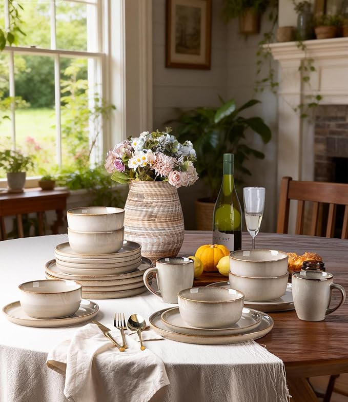 GBHOME Ceramic Dinnerware Sets for 4, 12 Pieces Stoneware Plates and Bowls Sets, Scratch Resistant Dishes, Dishwasher & Microwave Safe, Reactive Glaze-Almond Cream
