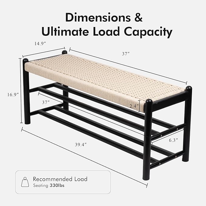 XINNAN Solid Wood Entryway Bench with Shoe Storage, Rustic Oak Wood and Woven Design 39.4 Inch Long Seating for Living and Dining Rooms, 3-Tier Black