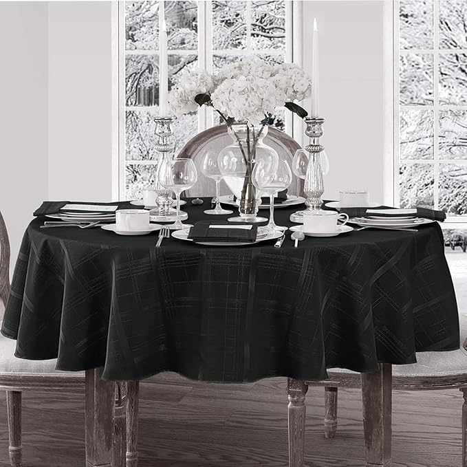 Newbridge 60 x 84 Inch Oval Fabric Tablecloth, Elegance Plaid, 100% Polyester, No Iron Soil Resistant Dining Room, Party and Banquet Table Cover, Solid Textured, Black