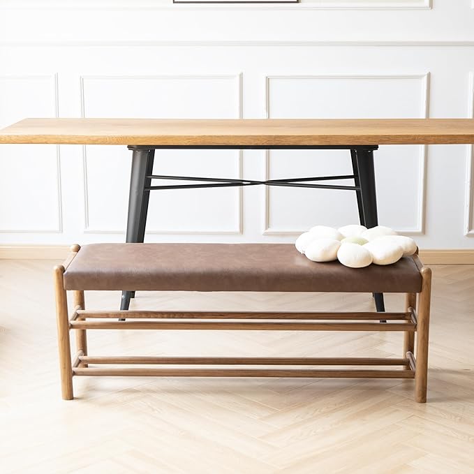 XINNAN Solid Wood Entryway Bench with Shoe Storage, Rustic Oak Wood and PU Leather 45 Inch Long Seating for Living and Dining Rooms, 3-Tier Brown