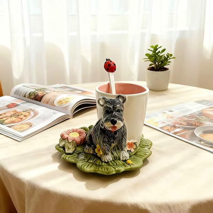 Ceramic Animal Coffee Mug Cup and Saucer Set竊?00ML(6.8OZ) 3D Hand-painted Tea Cup with Spoon (Grey)