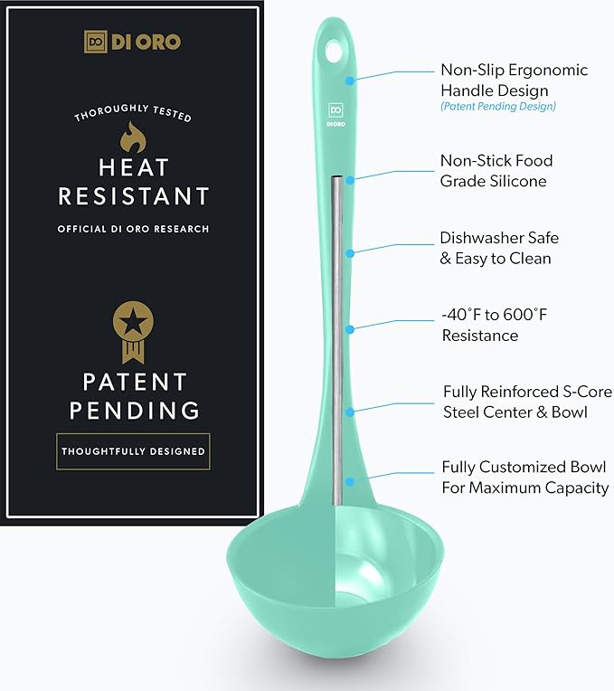 DI ORO Silicone Ladle ??Soup Ladle for Cooking & Serving Heat-Resistant - Large Kitchen Soup Ladle Nonstick Cookware Safe - Soup Serving Spoon with Wide Bowl - Silicone Utensil Dishwasher Safe (Mint)