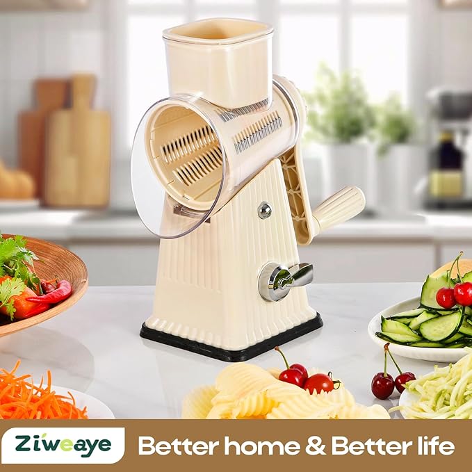 Xilrvna RotaryCheese Grater,VegetableShredder 5 in 1 Cheese Grater with HandleedderReinforcedSuction,EasytoClean,KitchenChopperforCrushedIce,Fruits and Nuts with Blade Storage Case竊늋hite