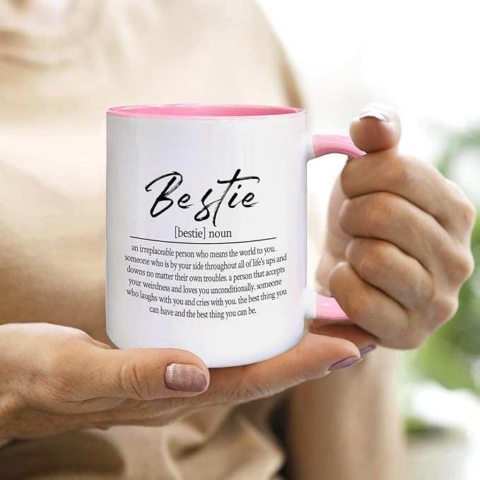 QASHWEY Bestie Definition Coffee Mug, Best Friend Bestie BFF Soul Sister Gifts for Women Teen Girls,Inspirational Friendship Gifts Double Side Printed Ceramic Mug Cup 11 Ounce(Pink)