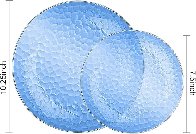 Rubtlamp 100 Pcs Blue Plastic Plates,Heavy Duty plastic Plates,Fancy Disposable Plates, Hammered Plastic plates Include 50 Pcs Dessert Platos, 50 Pcs Dinner Platos for Party