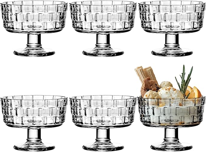 Varku 6 PCS Footed Glass Dessert Cups, Glass Ice Cream Bowls, 6 oz Mini Cups with Square Pattern, Transparent Dessert Cups for Fruit Pudding Trifle Parfait Jello Salad