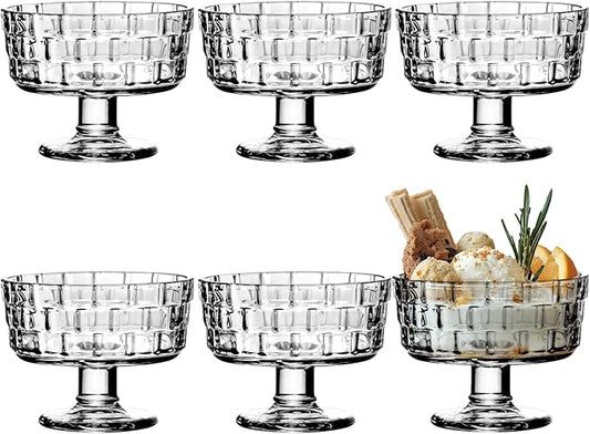 Varku 6 PCS Footed Glass Dessert Cups, Glass Ice Cream Bowls, 6 oz Mini Cups with Square Pattern, Transparent Dessert Cups for Fruit Pudding Trifle Parfait Jello Salad