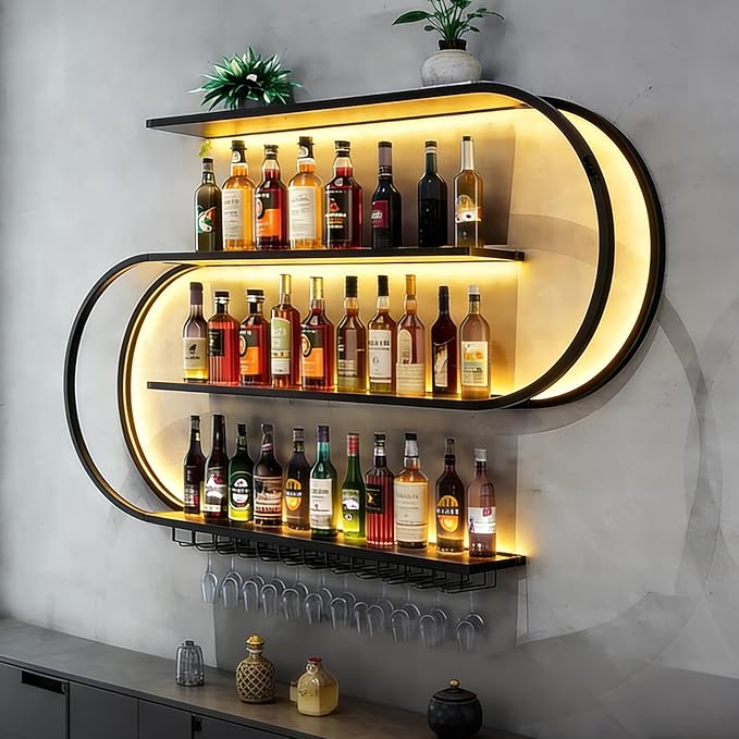 59in Wall Mounted Metal Wine Rack, Floating Wine Bottle Stand 4-Tier, Black Industrial Bar Liquor Bottle Display Shelf,for Home Bar Storage and Display (59in)