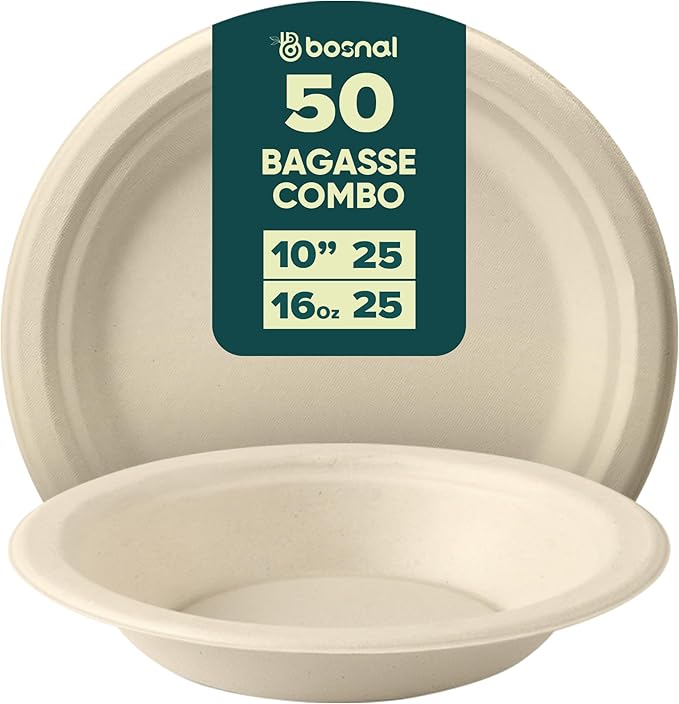 BOSNAL 10 Inch Round Plates with 16 oz Bowls ??25 Plates, 25 Bowls,100% Plant-Based Sugarcane Bagasse, Eco-Friendly Disposable Dinnerware for Hot & Cold Meals, Microwave Safe