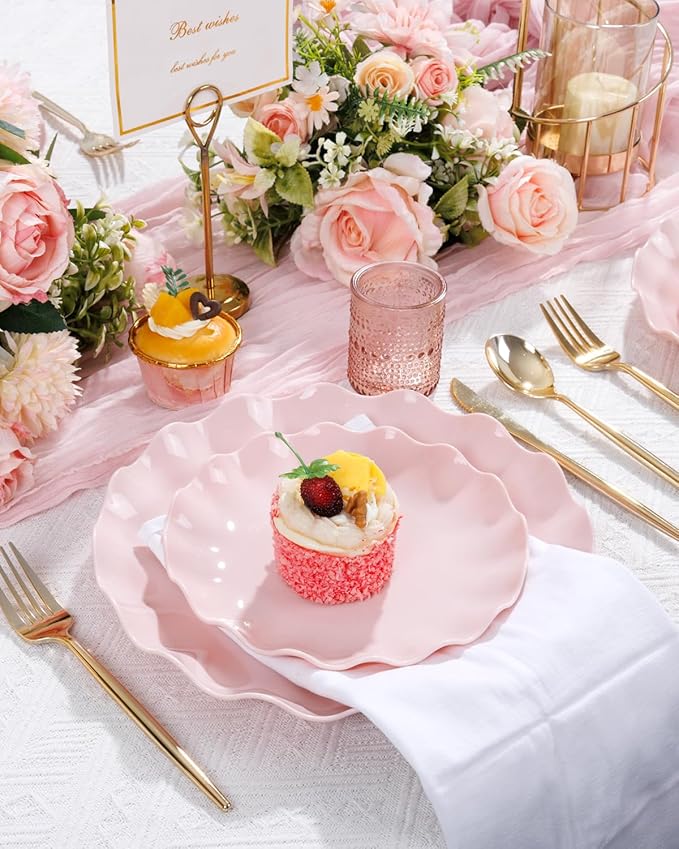 LIYH 20 Pcs 7.5 Inch Pink Scalloped Plastic Plates Reusable - Unbreakable Plastic Cake Dessert Plates for Weddings Party Outdoor Picnics Dishwasher Safe BPA Free (20Guests)