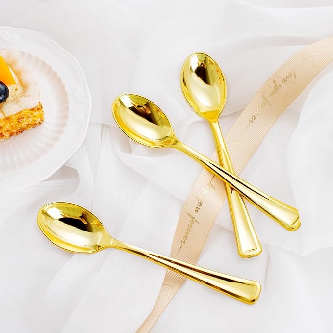 WDF 100 Pack Gold Plastic Spoons Disposable - Durable Heavy Duty 6.9 Inch Gold Spoons, Heat Resistant Modern Disposable Spoons Perfect for Parties, Wedding, Banquets, Valentine's Day
