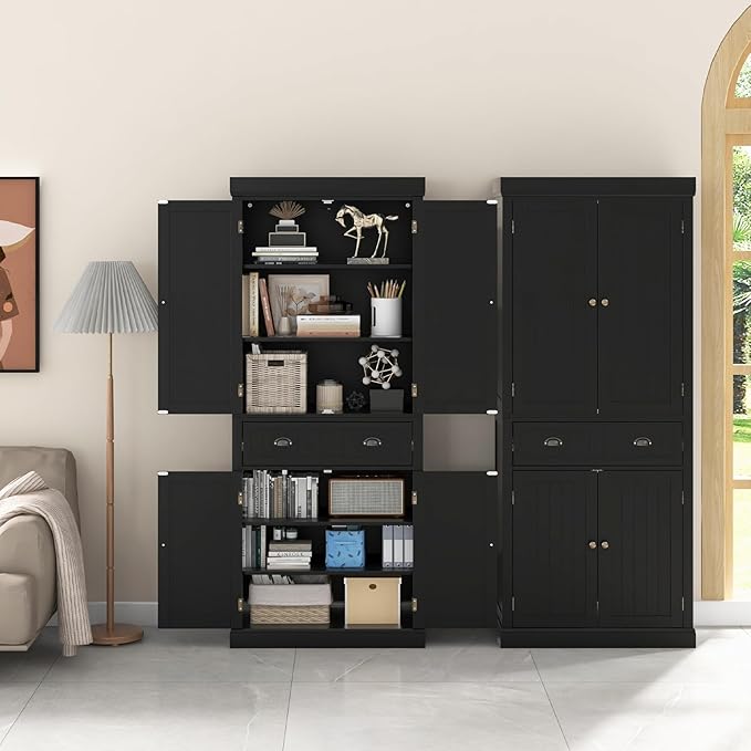 DORTALA 72??Tall Kitchen Pantry Cabinet, Wood Storage Cupboard w/ 4 Adjustable Shelves, 2 Cabinets & Drawer, Utility Freestanding Storage Cabinet for Kitchen, Hallway, Living Room, Black
