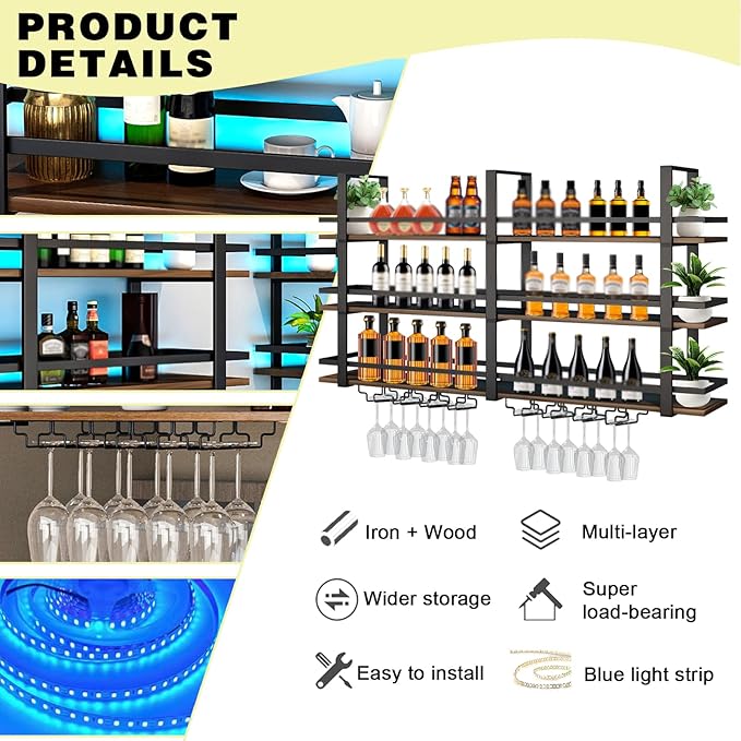 Wine Rack Wall Mounted with LED Lights, 3 Tier Metal Liquor Floating Display Shelves, with Wine Glass Rack, Iron & Wood Industrial Wall Wine Rack, for Bar, Kitchen, Cafe (Black, 47.2in)