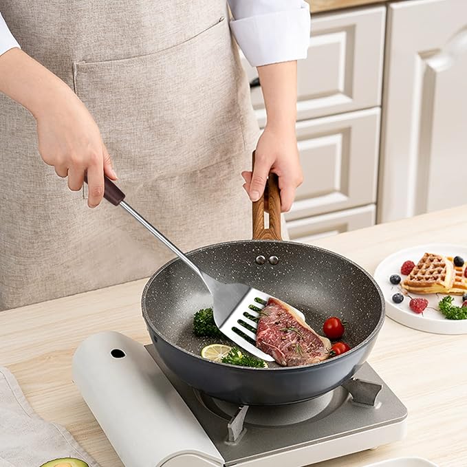 15 inch Large Spatula Slotted Turner Soup Ladle 304 Stainless Steel Wok Spatula Set Slotted Spoon for Cooking Utensils Set Long Wooden Handle Ladles Kitchen Metal Spatulas Cooking Spoons