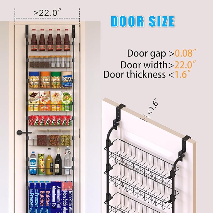 Black Over the Door Pantry Organizer 5 Tier, Adjustable Basket Pantry Door Organizer and Storage, Heavy Duty Metal Kitchen Hanging Spice Rack (D5xW19xH50 Inches)