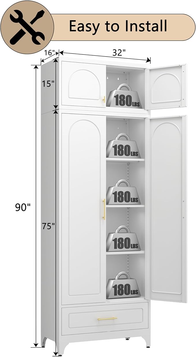 90??Tall Kitchen Pantry Cabinet,Storage Cabinet with Doors and Adjustable Shelves,Modern Kitchen Hutch Cabinets,Freestanding Cupboard for Living Room