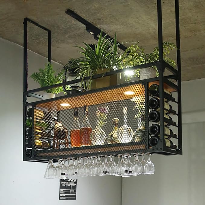 47.2in Wall Mounted Wine Racks, Hanging Wine Rack, Large Capacity Wine Holder, Can Hanging Or Wall Mounted, Simple Type with Light Wine Rack for Bar, Restaurant, Indoor (BLACK, 47.2 * 11.8 * 21.6in)