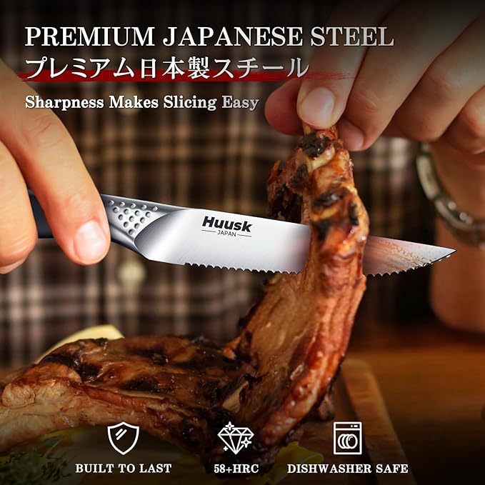 Huusk Serrated Steak Knives Set, 4.5" Japanese Stainless Steel Steak Knives Set of 8, Sharp Dishwasher Safe Dinner Knife for Kitchen Table with Gift Box, Christmas Gifts for Men Women