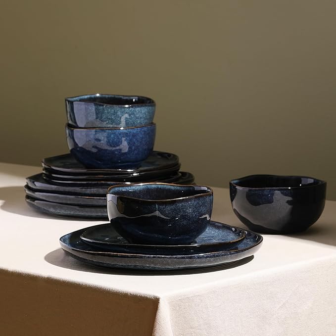Stone Lain Mirella 24-Piece Stoneware Dinnerware Set, Service for 8 ??Reactive Glaze, Deep Blue ??Includes Dinner Plates, Salad Plates, and Bowls ??Modern Organic Design
