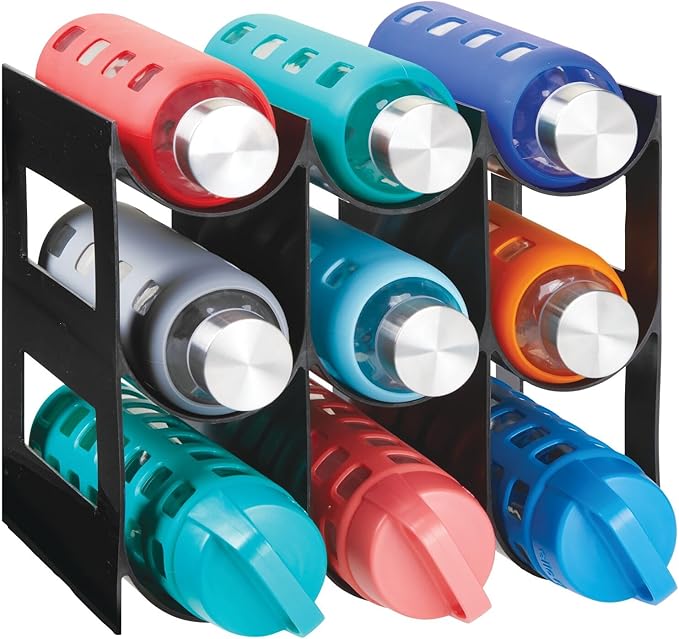 mDesign Plastic Water Bottle Organization/Wine Rack Storage Organizer for Kitchen Countertops, Cabinet, Bin, Pantry, Fridge, Refrigerator, 3 Tiers, 9 Bottles, Lumiere Collection - Black