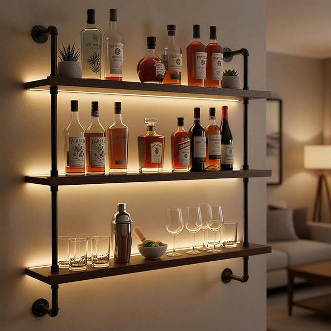 47.2-inch Modern Wall-Mounted Wine Rack with LED Lights, 3-Tier Liquor Bottle Display Bar Shelves, Industrial Wine Rack Floating Shelf, Multifunctional Wine Storage Rack for Home, Kitchen or Bar Decor