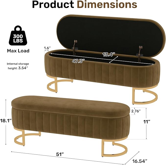 VIROL 51 Inch Storage Ottoman Bench Velvet End of Bed Storage Bench King Size Upholstered Tufted Bench Large Space for Bedroom Living Room Entryway Coffee