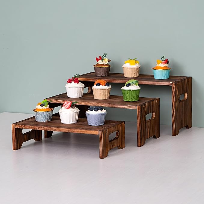Set Of 3 Vintage Black Wooden Display Risers, Wood Cake Stands for Birthday Party,Wood Tiered Stands, Cupcake Stand For Weddings, Display Stand Size:15.7-14.1-12.6IN