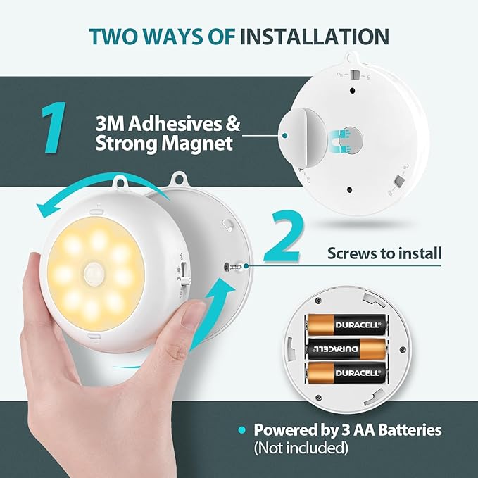 BLS 3.3??Motion Sensor Light Indoor AA Battery Powered, Under Cabinet Lighting Battery Operated, Magnetic Stick on LED Puck Nights Lights for Kitchen, Wall, Stair, Dimmable, 3000K Warm White (3 Pack)