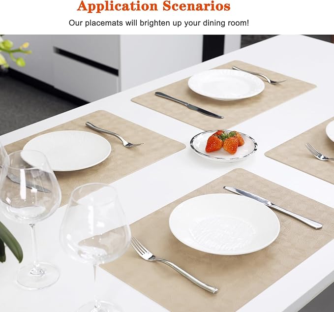 Bxzandya Vinyl Placemats Set of 4 Heat Resistant Easy Clean Non-Slip Place Mats for Dining Table Faux Leather Waterproof Stain Resistant Wipeable Washable PVC Table Mats(4, Beige)