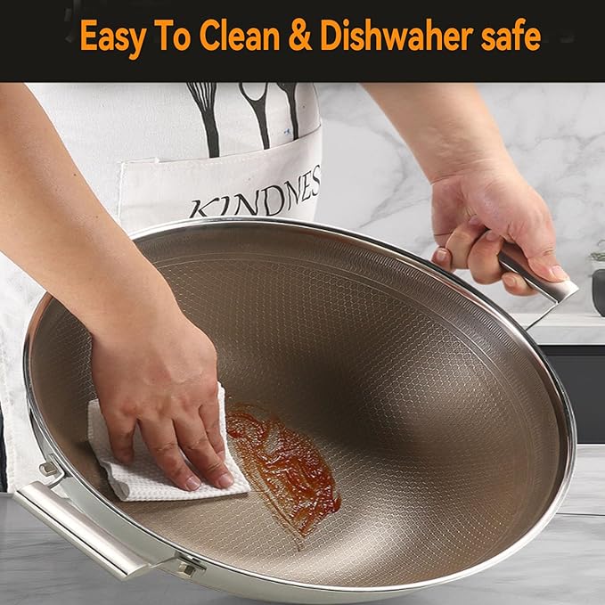 Titanium Hammered Wok with Double Handles, 2026 New Frying Pans Nonstick, Non-Stick Wok, Scratch-Resistant Non Stick Titanium Pans for Cooking,With steamer,16.53in