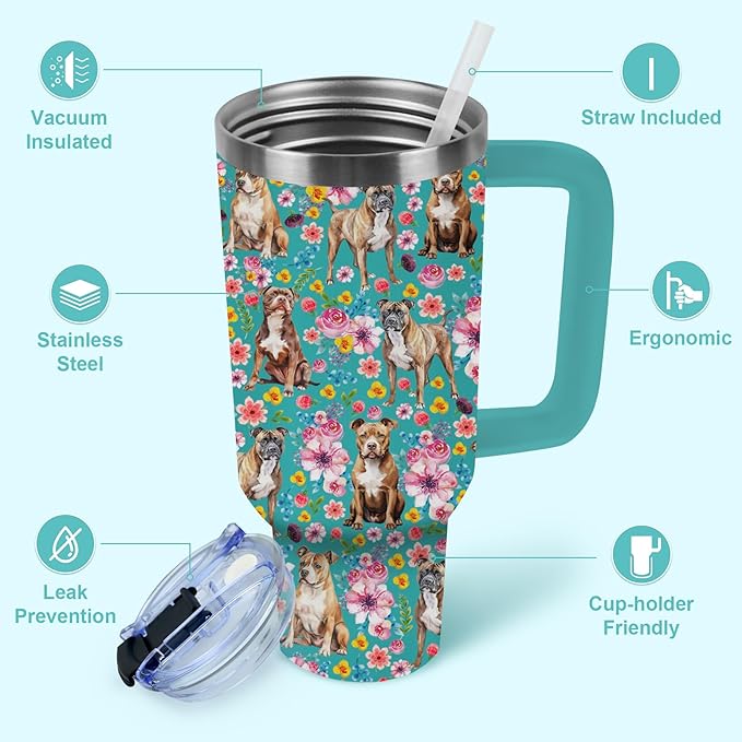 Yogusut Pitbull Gifts for Women, 40oz Stainless Steel Insulated Tumbler Travel Mug Cup with Handle Straw, Gifts for Dog Mom Dog Lover