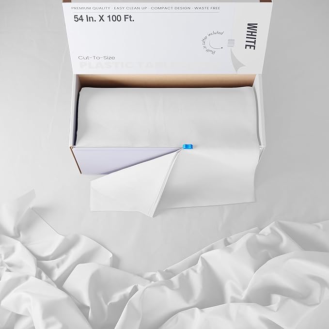 Party Solids 54 Inch X 100 Feet White Plastic Table Cover Roll in A Cut - to - Size Box with Convenient Slide Cutter. Cuts Up to 12 Rectangle 8 Feet Plastic Disposable Tablecloths