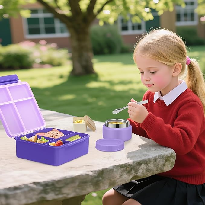 Aimsnk Bento Lunch Box for Kids with 9oz Soup Thermo Leak-Proof Lunch Food Container with 5 Compartment Thermo Hot Food Jar and Insulated Lunch Bag for Kid Toddler Girls Boys to School(Purple)