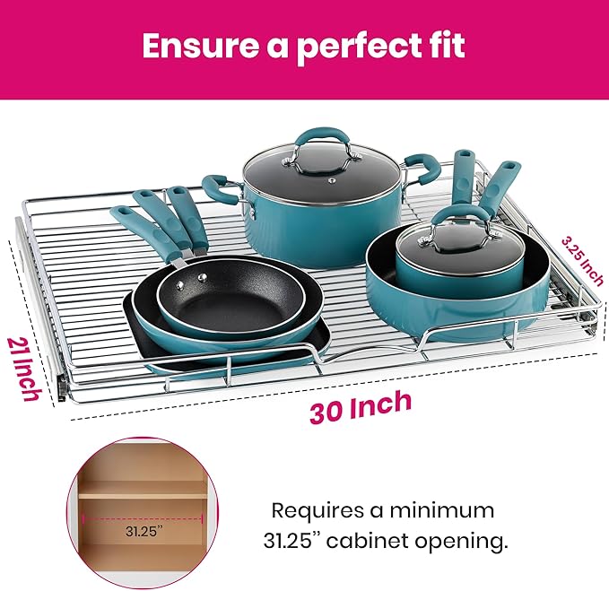 HOLDN??STORAGE Pull Out Cabinet Organizer, Heavy Duty Caddy w/Lifetime Limited Warranty -30?쓂 x 21?쒭 - Requires At Least 31-1/4??Cabinet Opening, Steel Metal Cabinet Drawers Slide Out, Chrome