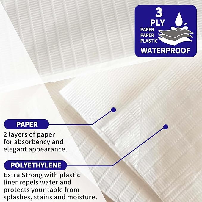 [6 Pack] White Paper Tablecloth Disposable for Rectangle Tables, 54 X 108 Inch Party Table Cover with Plastic Backing, Waterproof 3 Ply Table Cloth for Wedding Christmas Bachelorette, New Pattern