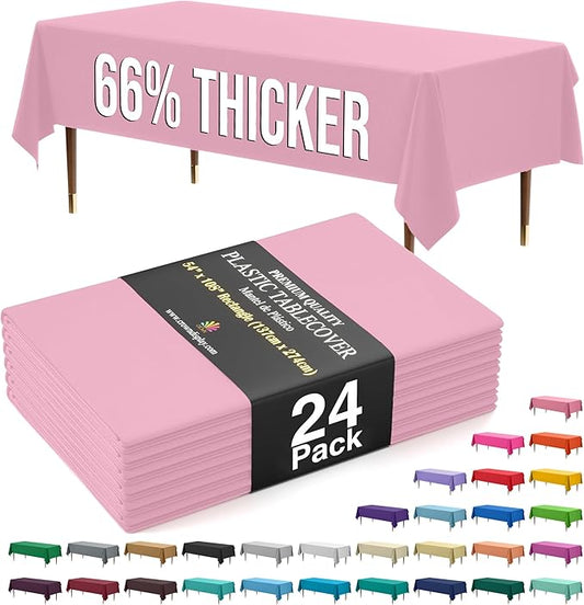 Exquisite 66% Thicker Premium Plastic Table Cloth Rectangle Table Cover 0.5 Mil 24 Pack Pink Table Cloth 54 Inch x 108 Inch Disposable Tablecloth Won't Tear Easily Like Cheap Thin Brands