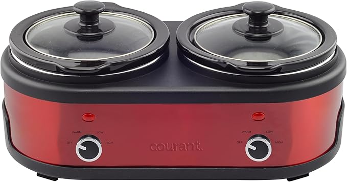 Courant 3.2-Quart Double Slow Cooker (1.6-Qt each) w/Warm Settings, Stainproof Stoneware Pots and Glass Lids ??Red Stainless Steel