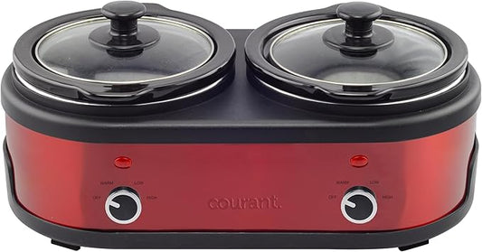 Courant 3.2-Quart Double Slow Cooker (1.6-Qt each) w/Warm Settings, Stainproof Stoneware Pots and Glass Lids ??Red Stainless Steel