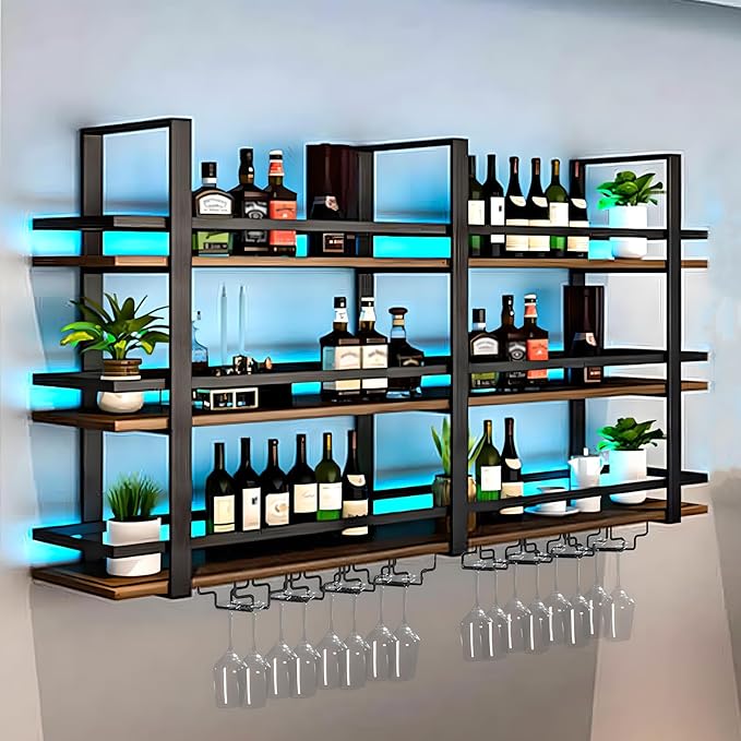 Wine Rack Wall Mounted with LED Lights, 3 Tier Metal Liquor Floating Display Shelves, with Wine Glass Rack, Iron & Wood Industrial Wall Wine Rack, for Bar, Kitchen, Cafe (Black, 39.4in)